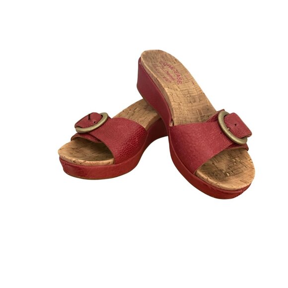 Kork-Ease Size 6 Red Minka Leather Buckle Slip On Slide Cork Wedge Heel Sandals - Picture 1 of 11